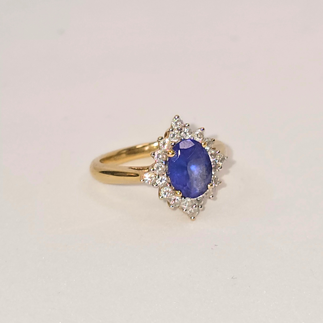 2ct Natural Oval Tanzanite & Diamond Ring in 18K Yellow Gold – Vintage Ring