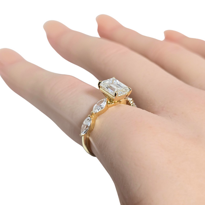 2.86ct Lab Grown Emerald Cut Diamond Ring with Marquise Side Stones in 14ct Yellow Gold