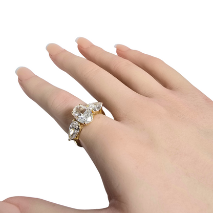 5.00ct Oval Cut Lab Grown Diamond Trilogy Ring with Pear Side Stones in 14ct Yellow Gold