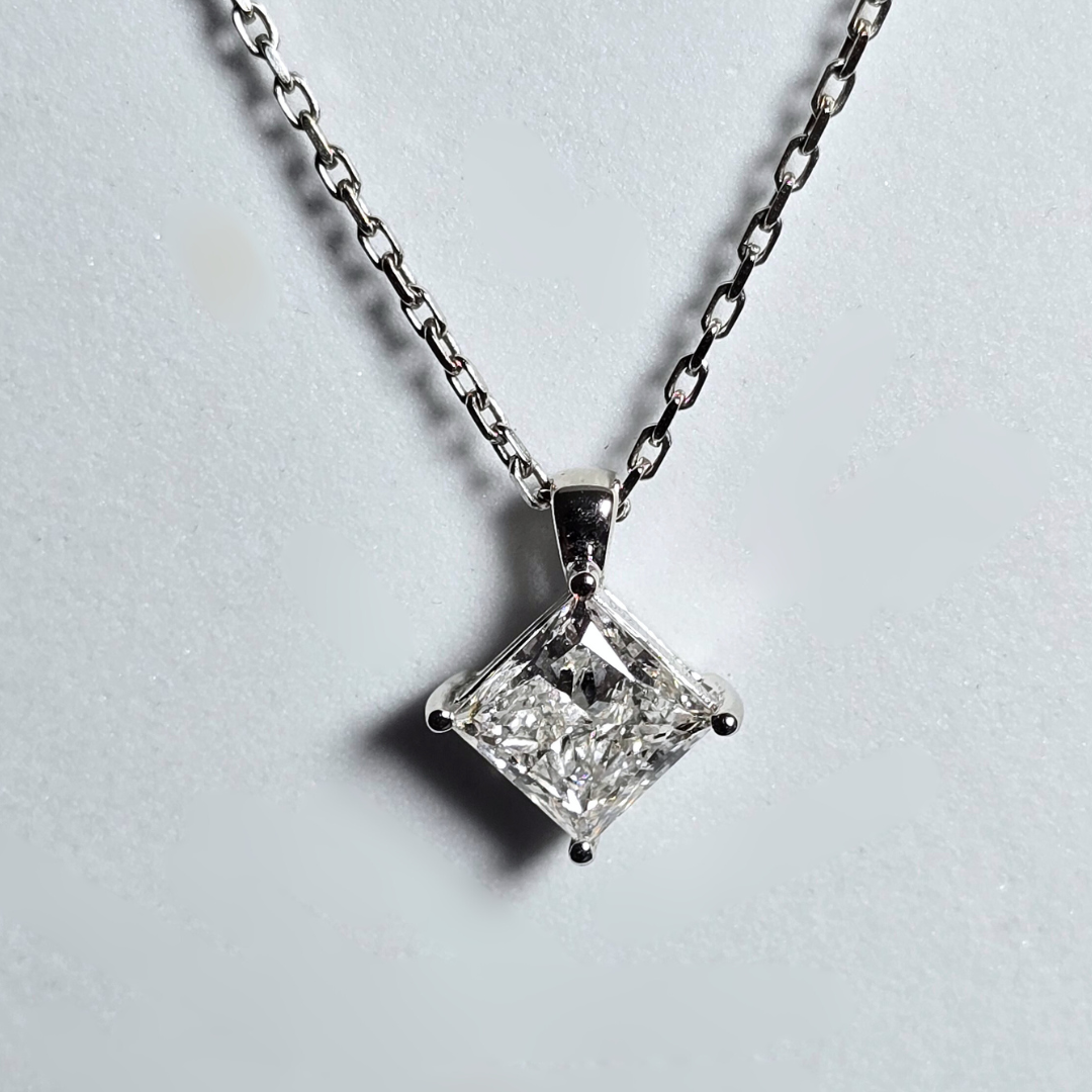 18kt White Gold Necklace with 3ct Princess Cut Lab Grown Diamond ALGT Certified