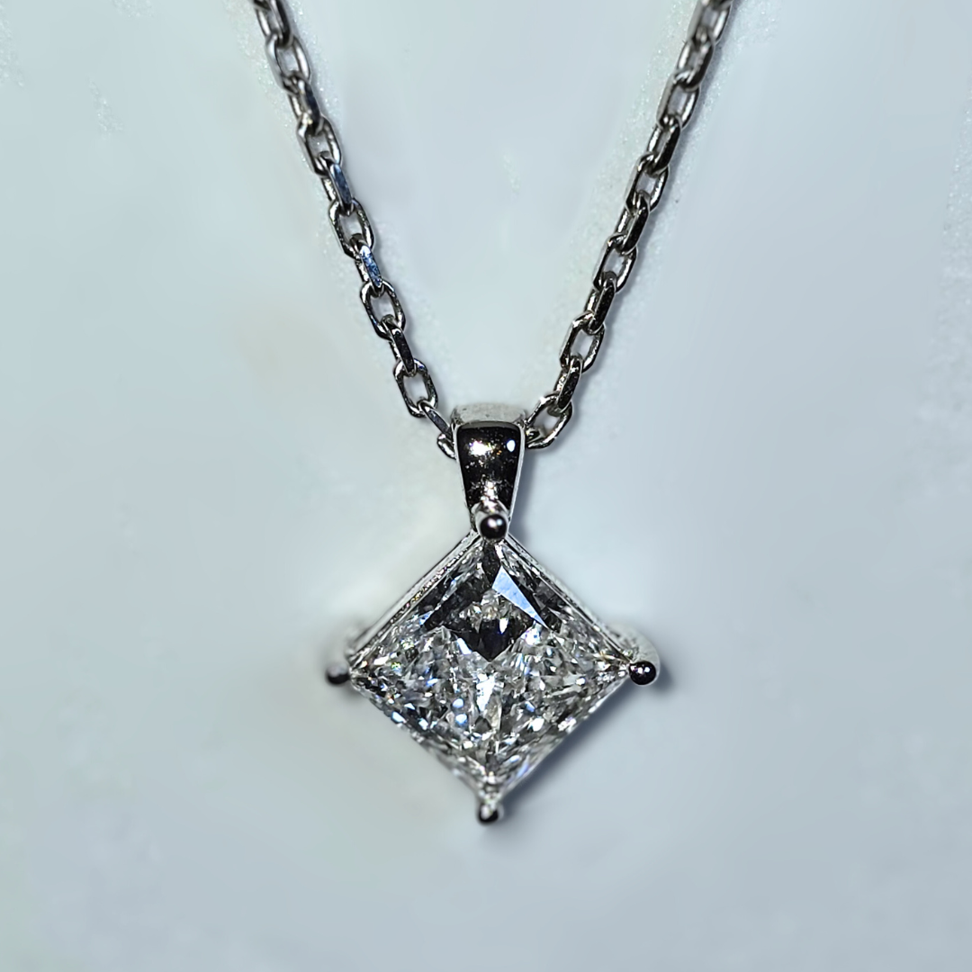 18kt White Gold Necklace with 3ct Princess Cut Lab Grown Diamond ALGT Certified