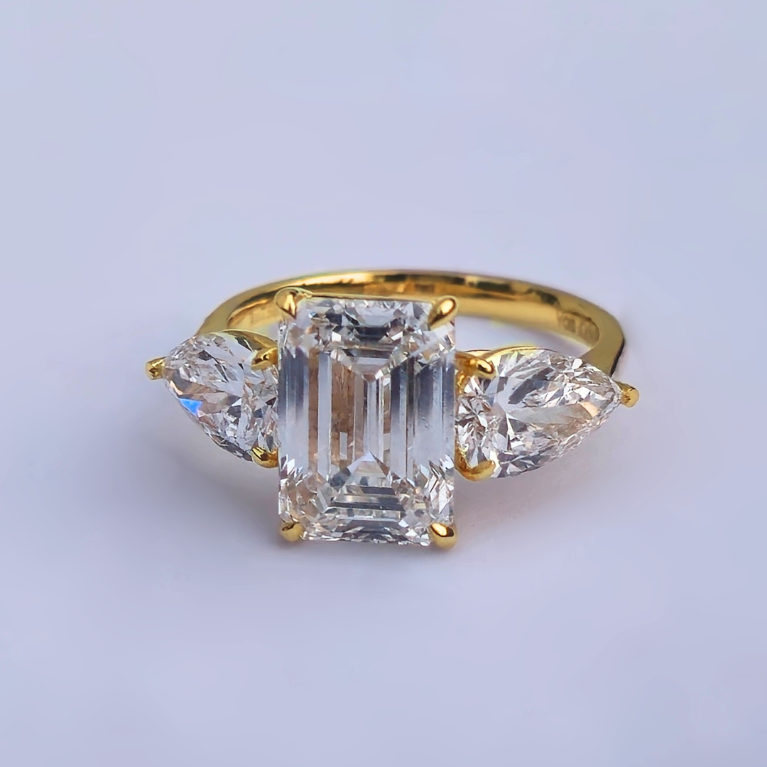 6.13cts Emerald Cut Lab-Grown Diamond Trilogy Ring – 18ct Yellow Gold | 3 IGI Certificates